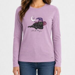 Life is Good Crusher Long Sleeve TShirt Lavender Black Magic Cat 100% Cotton L